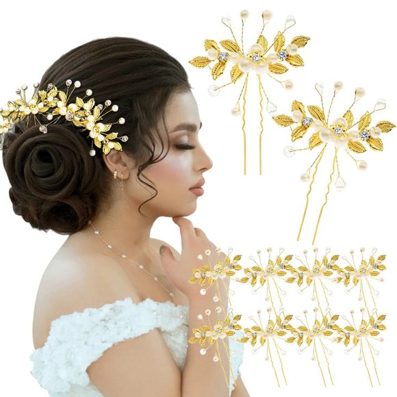 10 Pieces Wedding Head Hair Piece Leaf Flower Faux Pearls Bride Hair Pins Gold main image 4